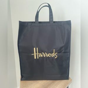 Black satin Harrods tote with gold embroidery